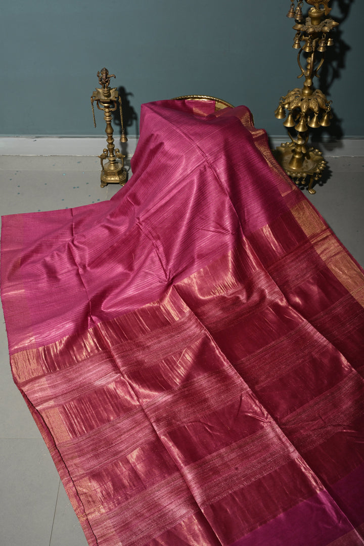 Magenta Handloom Tussar Silk Saree with Stripes Pattern and Muted Zari Border | SILK MARK CERTIFIED | SHOBITAM