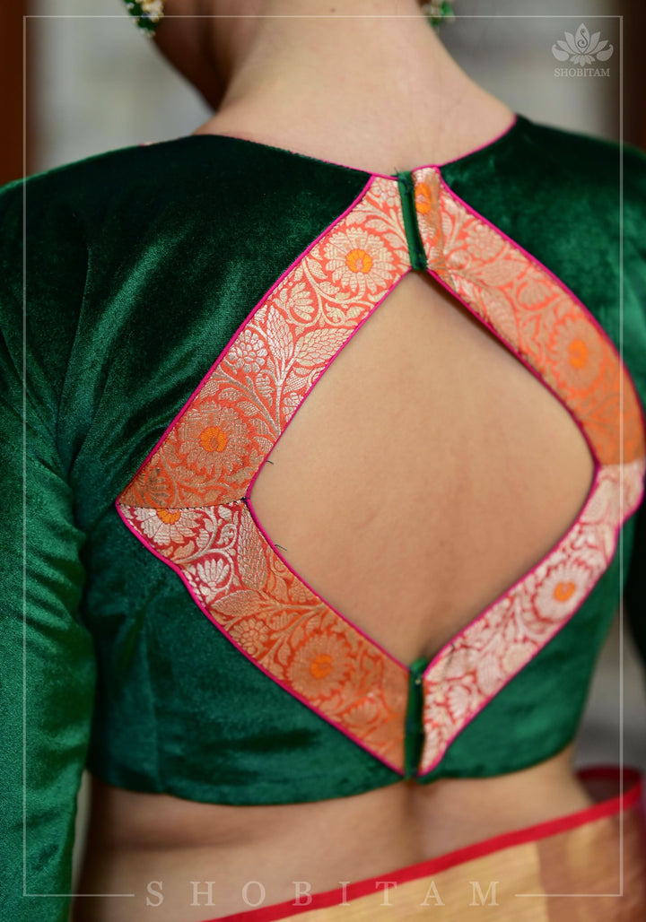 Exquisite Green Velvet Full Sleeve Blouse with Banarasi Meenakari Brocade Yoke and Cuff