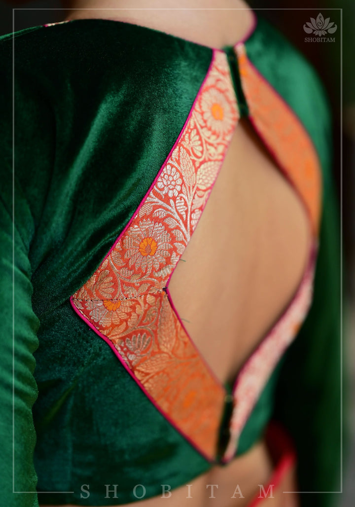 Exquisite Green Velvet Full Sleeve Blouse with Banarasi Meenakari Brocade Yoke and Cuff