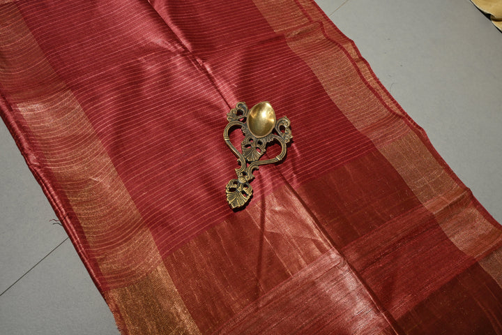 Rose Vale Handloom Tussar Silk Saree with Stripes Pattern and Muted Zari Border | SILK MARK CERTIFIED | SHOBITAM
