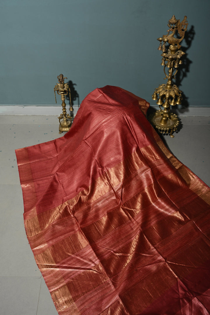 Rose Vale Handloom Tussar Silk Saree with Stripes Pattern and Muted Zari Border | SILK MARK CERTIFIED | SHOBITAM