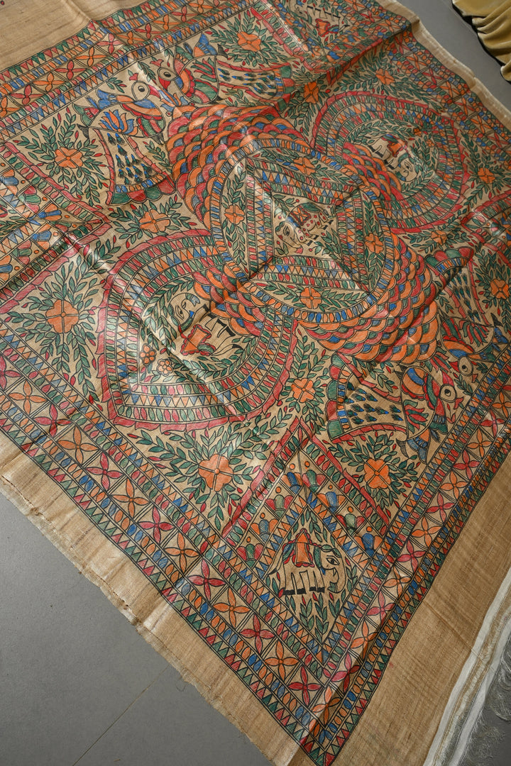 Kora Color Pure Handloom Tussar Hand Painted Madhubani Saree with Border | SILK MARK CERTIFIED | Shobitam