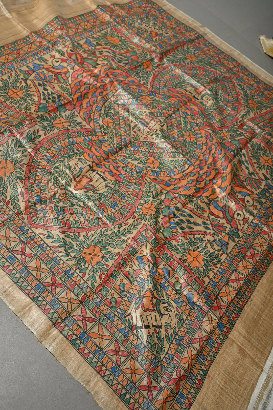 Kora Color Pure Handloom Tussar Hand Painted Madhubani Saree with Border | SILK MARK CERTIFIED | Shobitam