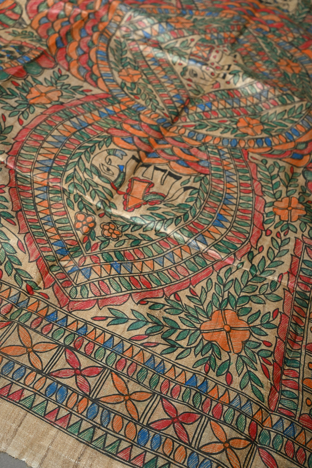 Kora Color Pure Handloom Tussar Hand Painted Madhubani Saree with Border | SILK MARK CERTIFIED | Shobitam