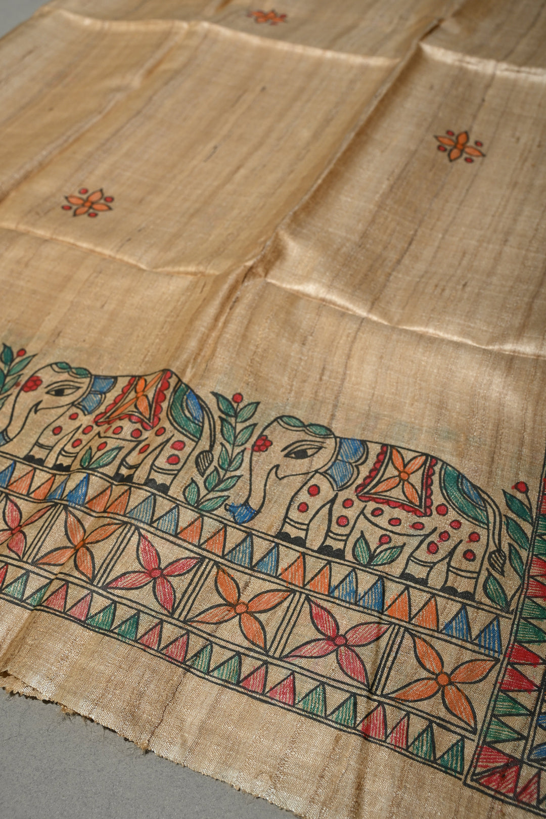 Kora Color Pure Handloom Tussar Hand Painted Madhubani Saree with Border | SILK MARK CERTIFIED | Shobitam