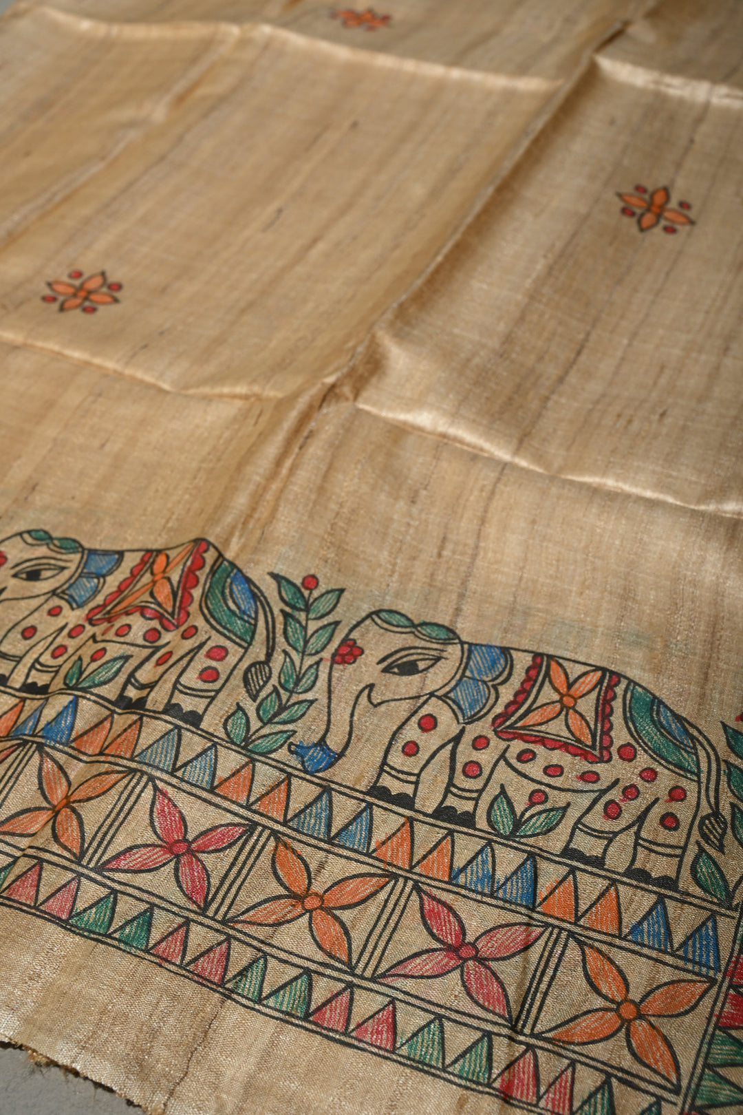 Kora Color Pure Handloom Tussar Hand Painted Madhubani Saree with Border | SILK MARK CERTIFIED | Shobitam