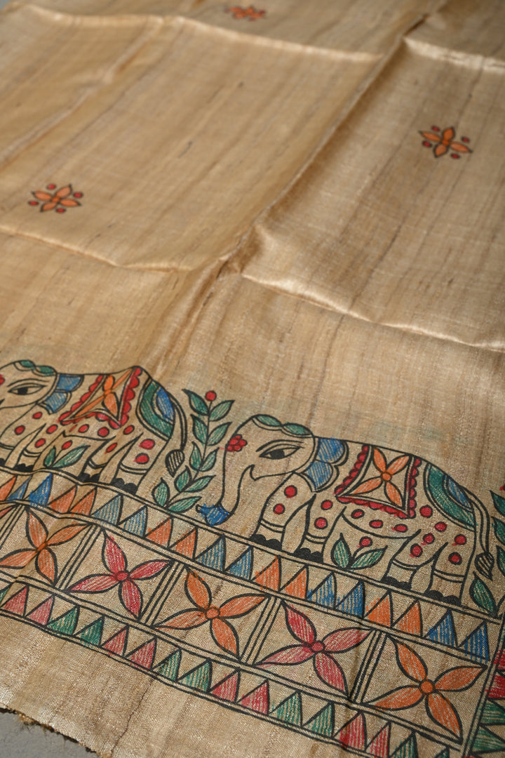 Kora Color Pure Handloom Tussar Hand Painted Madhubani Saree with Border | SILK MARK CERTIFIED | Shobitam