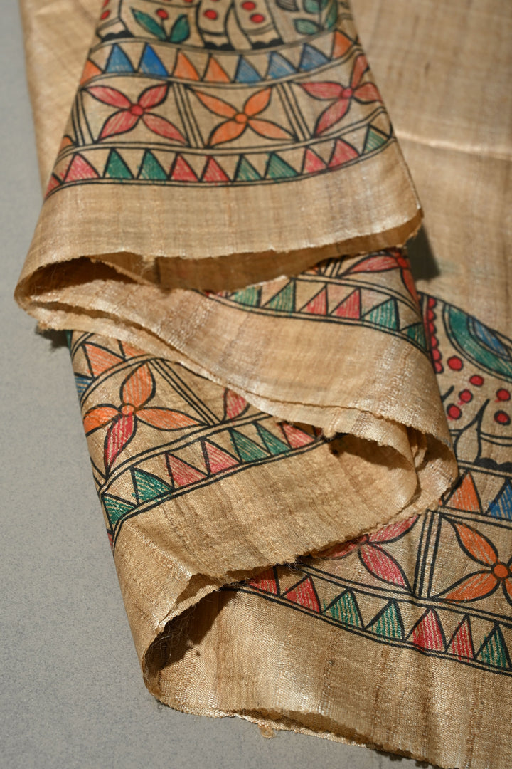 Kora Color Pure Handloom Tussar Hand Painted Madhubani Saree with Border | SILK MARK CERTIFIED | SHOBITAM
