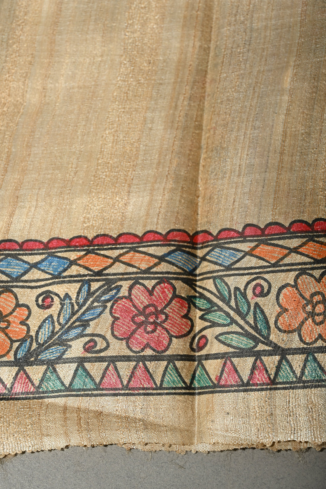 Kora Color Pure Handloom Tussar Hand Painted Madhubani Saree with Border | SILK MARK CERTIFIED | Shobitam