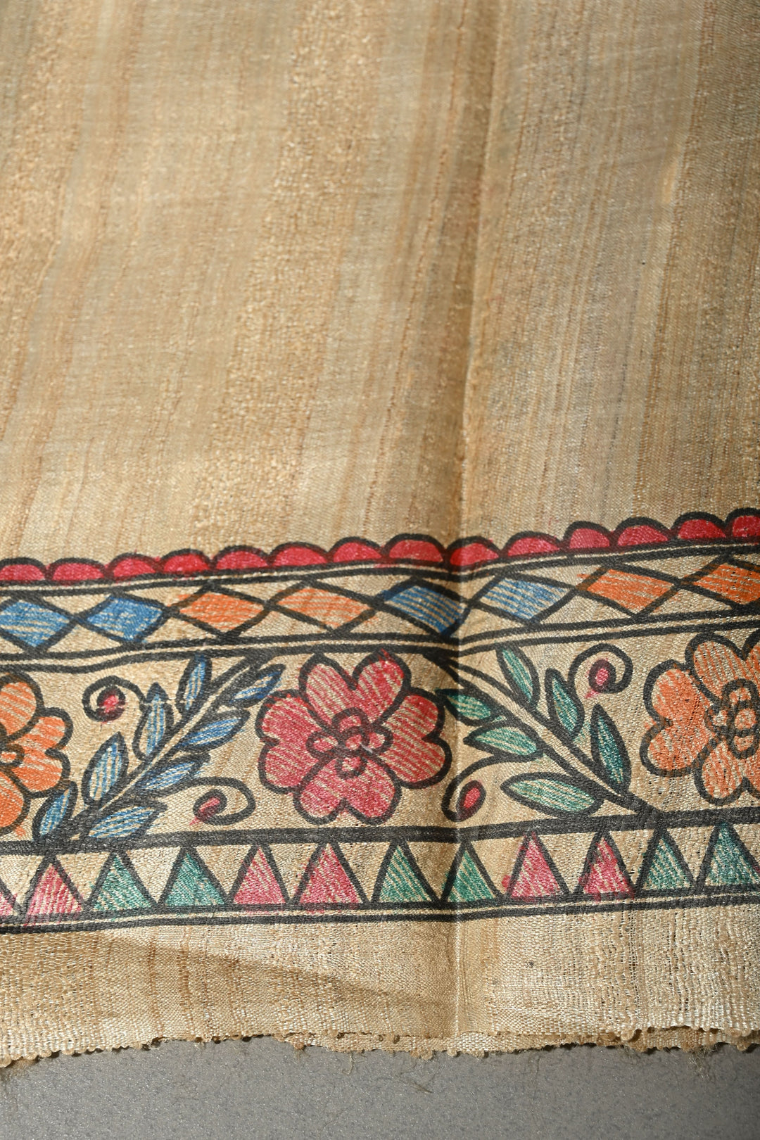 Kora Color Pure Handloom Tussar Hand Painted Madhubani Saree with Border | SILK MARK CERTIFIED | SHOBITAM