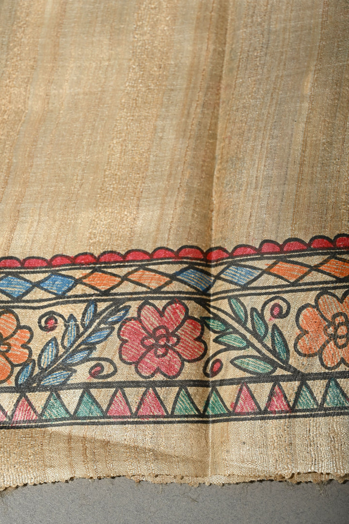 Kora Color Pure Handloom Tussar Hand Painted Madhubani Saree with Border | SILK MARK CERTIFIED | SHOBITAM