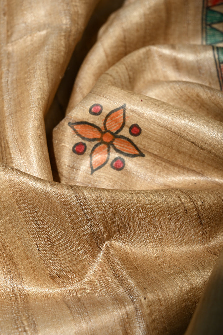 Kora Color Pure Handloom Tussar Hand Painted Madhubani Saree with Border | SILK MARK CERTIFIED | Shobitam