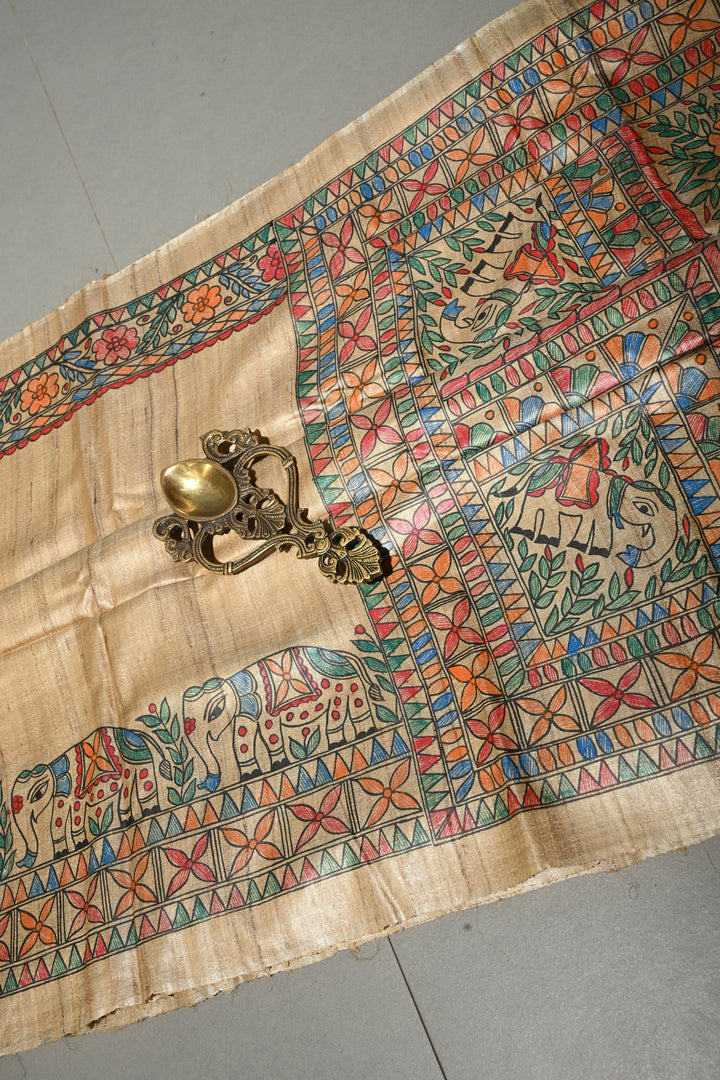 Kora Color Pure Handloom Tussar Hand Painted Madhubani Saree with Border | SILK MARK CERTIFIED | Shobitam