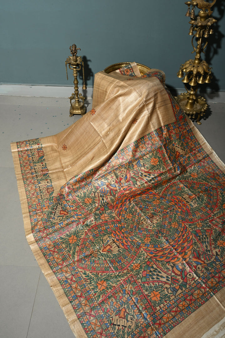 Kora Color Pure Handloom Tussar Hand Painted Madhubani Saree with Border | SILK MARK CERTIFIED | Shobitam