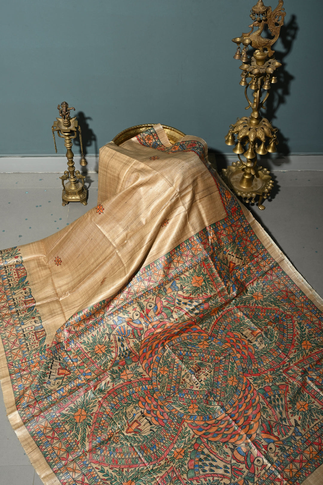 Kora Color Pure Handloom Tussar Hand Painted Madhubani Saree with Border | SILK MARK CERTIFIED | Shobitam