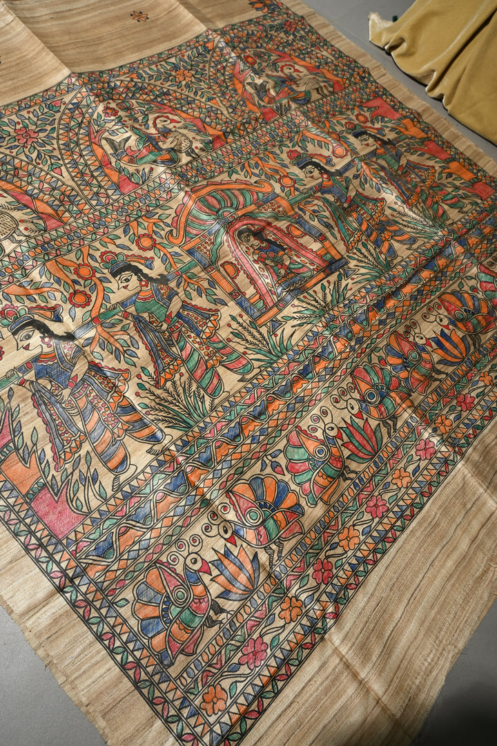 Natural Color Pure Handloom Tussar Hand Painted Madhubani Saree with Border | SILK MARK CERTIFIED | SHOBITAM