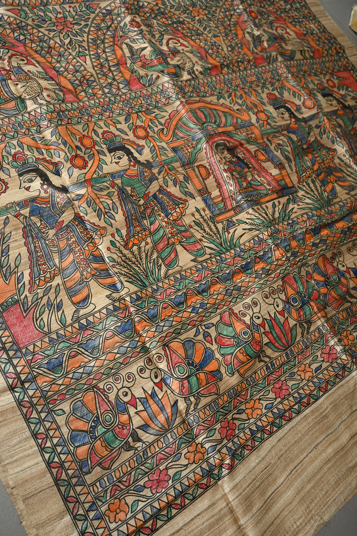 Natural Color Pure Handloom Tussar Hand Painted Madhubani Saree with Border | SILK MARK CERTIFIED | Shobitam