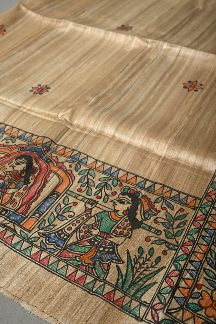 Natural Color Pure Handloom Tussar Hand Painted Madhubani Saree with Border | SILK MARK CERTIFIED | Shobitam
