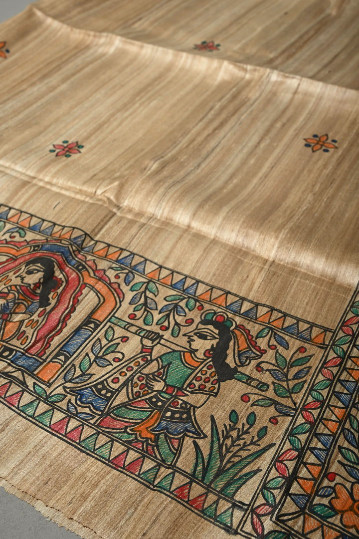 Natural Color Pure Handloom Tussar Hand Painted Madhubani Saree with Border | SILK MARK CERTIFIED | SHOBITAM