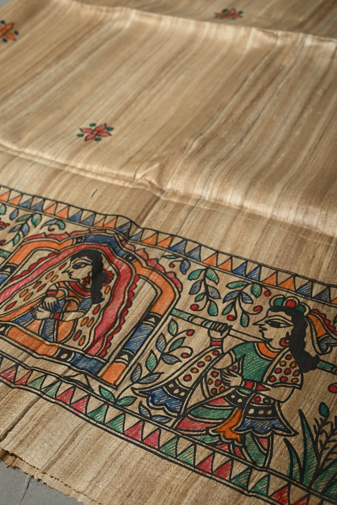 Natural Color Pure Handloom Tussar Hand Painted Madhubani Saree with Border | SILK MARK CERTIFIED | Shobitam
