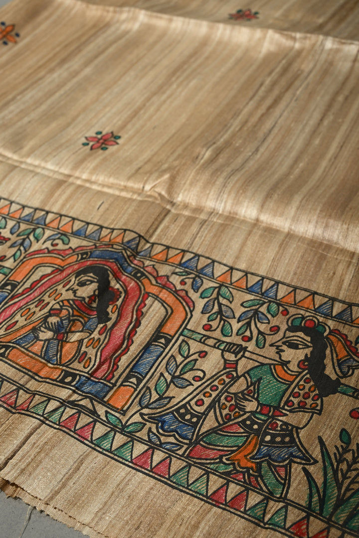 Natural Color Pure Handloom Tussar Hand Painted Madhubani Saree with Border | SILK MARK CERTIFIED | Shobitam