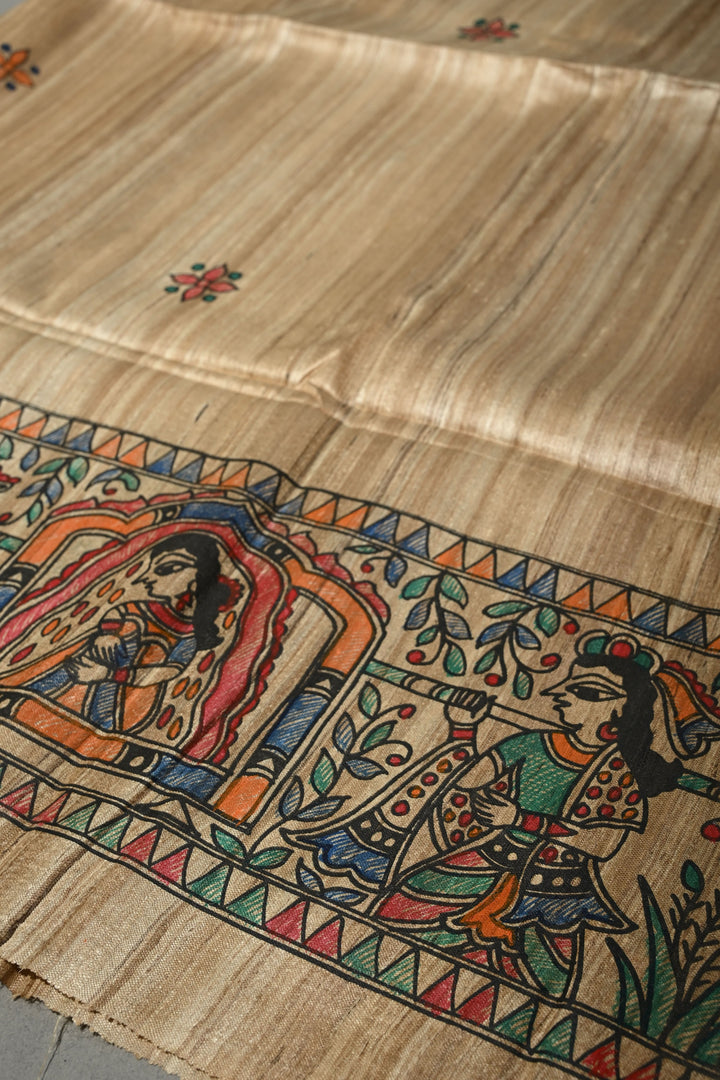 Natural Color Pure Handloom Tussar Hand Painted Madhubani Saree with Border | SILK MARK CERTIFIED | SHOBITAM