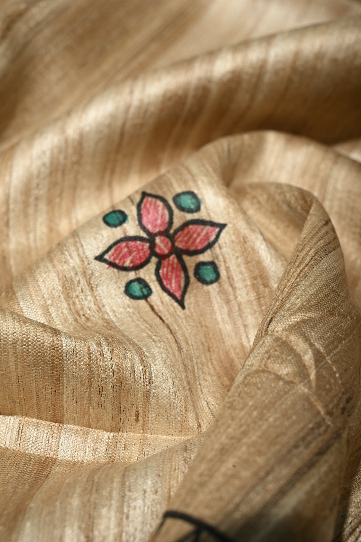 Natural Color Pure Handloom Tussar Hand Painted Madhubani Saree with Border | SILK MARK CERTIFIED | Shobitam