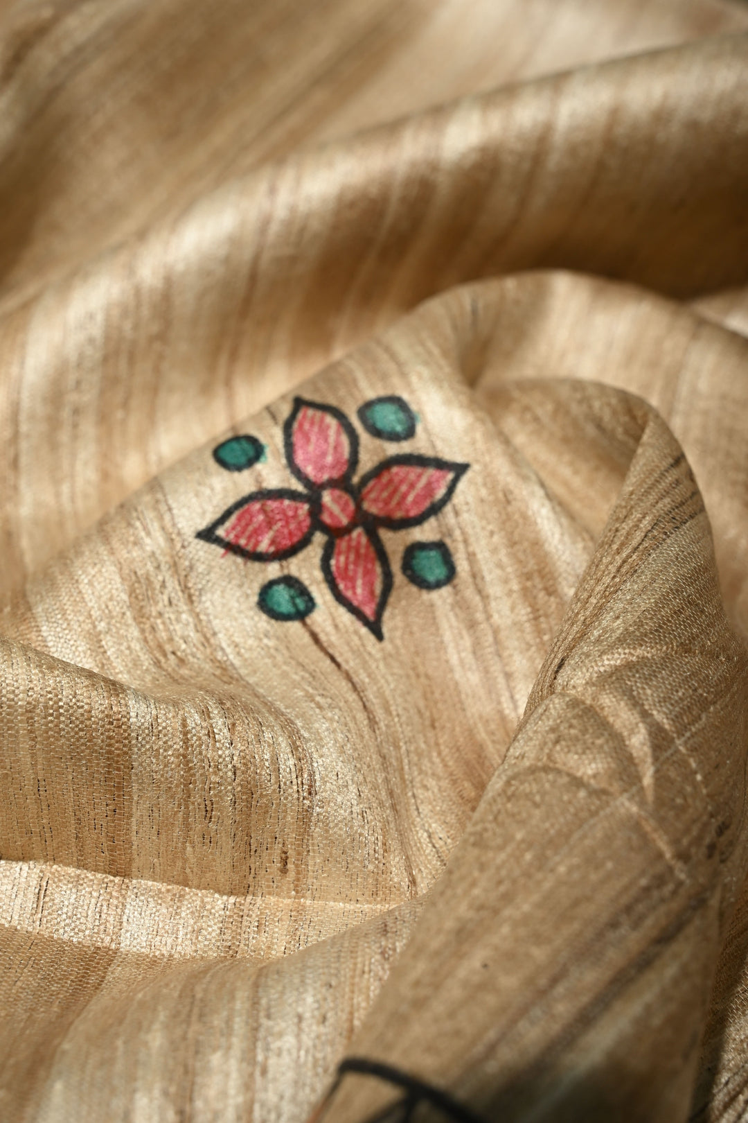 Natural Color Pure Handloom Tussar Hand Painted Madhubani Saree with Border | SILK MARK CERTIFIED | SHOBITAM