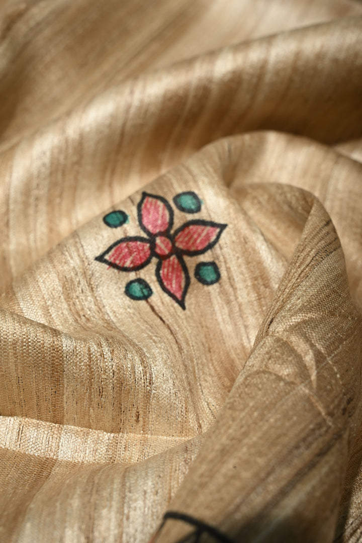 Natural Color Pure Handloom Tussar Hand Painted Madhubani Saree with Border | SILK MARK CERTIFIED | SHOBITAM