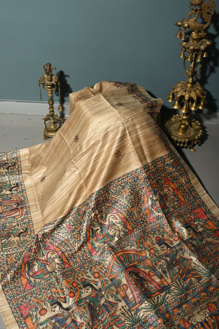 Natural Color Pure Handloom Tussar Hand Painted Madhubani Saree with Border | SILK MARK CERTIFIED | SHOBITAM