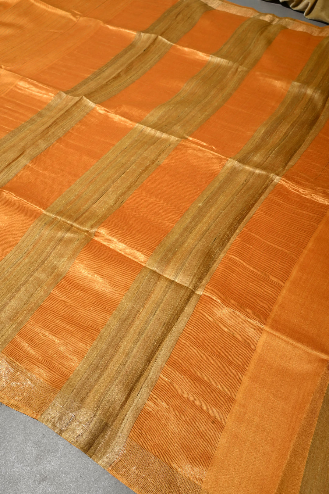 Mustard Yellow Handloom Tussar Silk Saree with Stripes Pattern and Muted Zari Border | SILK MARK CERTIFIED | SHOBITAM