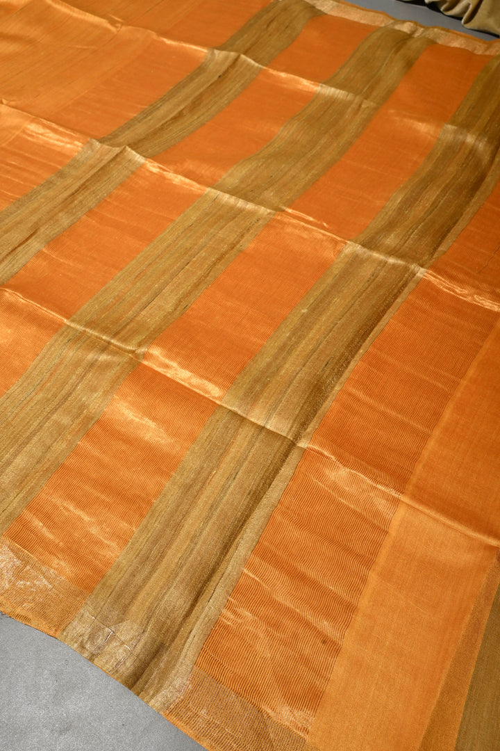 Mustard Yellow Handloom Tussar Silk Saree with Stripes Pattern and Muted Zari Border | SILK MARK CERTIFIED | SHOBITAM