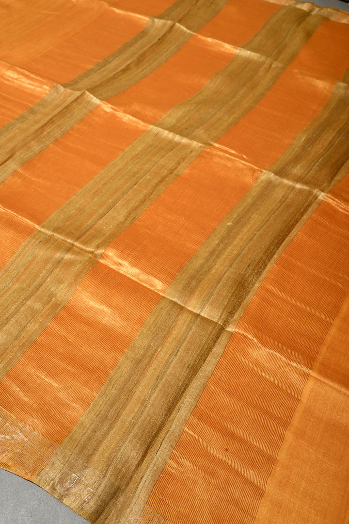 Mustard Yellow Handloom Tussar Silk Saree with Stripes Pattern and Muted Zari Border | SILK MARK CERTIFIED | SHOBITAM