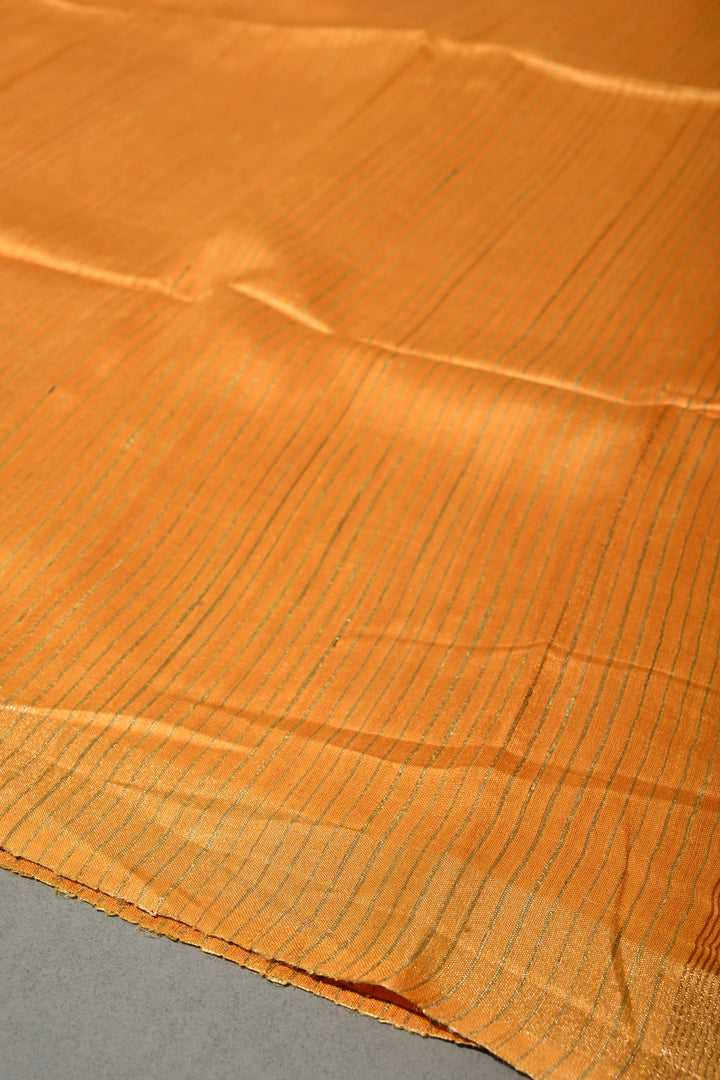 Mustard Yellow Handloom Tussar Silk Saree with Stripes Pattern and Muted Zari Border | SILK MARK CERTIFIED | SHOBITAM