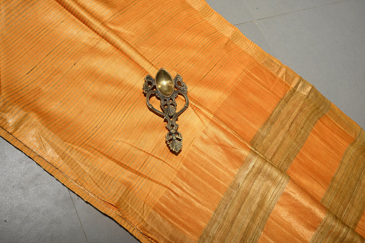 Mustard Yellow Handloom Tussar Silk Saree with Stripes Pattern and Muted Zari Border | SILK MARK CERTIFIED | SHOBITAM