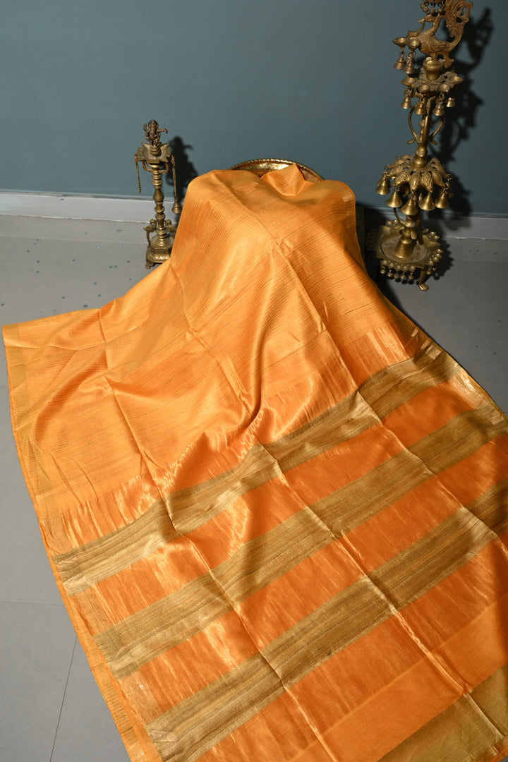 Mustard Yellow Handloom Tussar Silk Saree with Stripes Pattern and Muted Zari Border | SILK MARK CERTIFIED | SHOBITAM