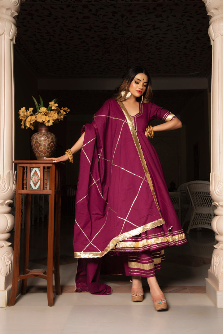 BURGUNDY PURE COTTON ANARKALI SET | SHOBITAM