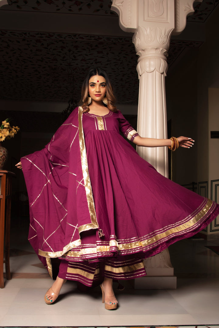 BURGUNDY PURE COTTON ANARKALI SET | SHOBITAM