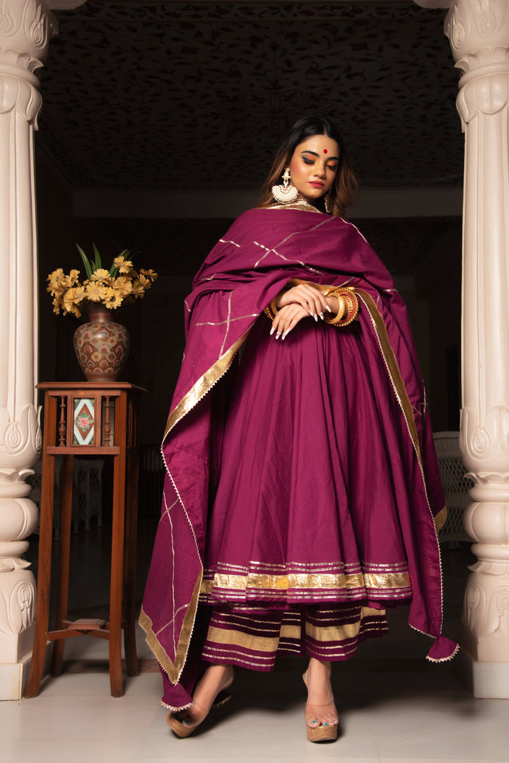 BURGUNDY PURE COTTON ANARKALI SET | SHOBITAM