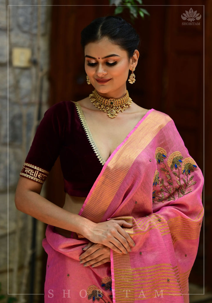 Exquisite Sada Sowbhagyawati Trim Border on Maroon Velvet Blouse