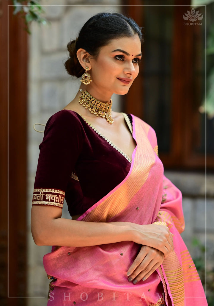 Exquisite Sada Sowbhagyawati Trim Border on Maroon Velvet Blouse