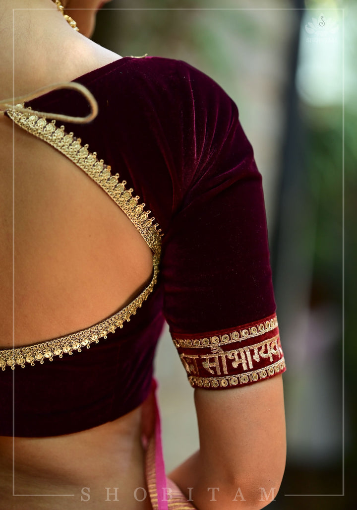 Exquisite Sada Sowbhagyawati Trim Border on Maroon Velvet Blouse