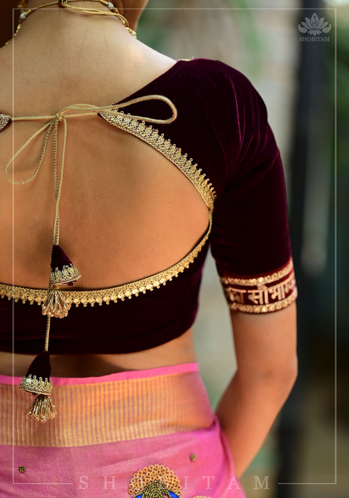 Exquisite Sada Sowbhagyawati Trim Border on Maroon Velvet Blouse