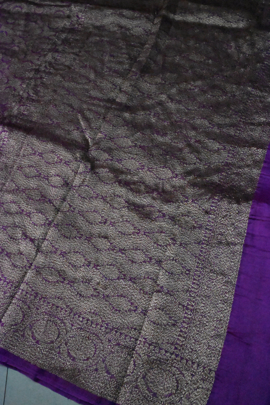 Purple Banarasi Kora Silk Saree with Anique Brocade Jaal and Zari Border | SILK MARK CERTIFIED | SHOBITAM