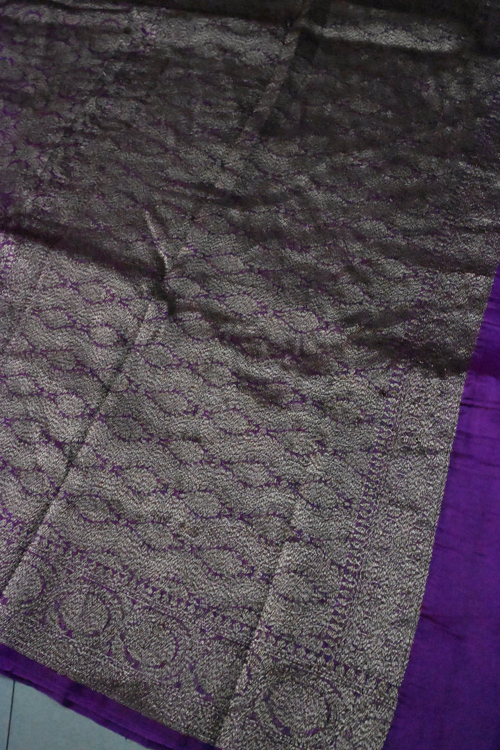 Purple Banarasi Kora Silk Saree with Anique Brocade Jaal and Zari Border | SILK MARK CERTIFIED | SHOBITAM