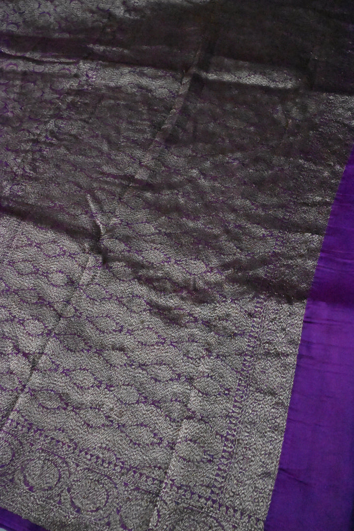 Purple Banarasi Kora Silk Saree with Anique Brocade Jaal and Zari Border | SILK MARK CERTIFIED | SHOBITAM