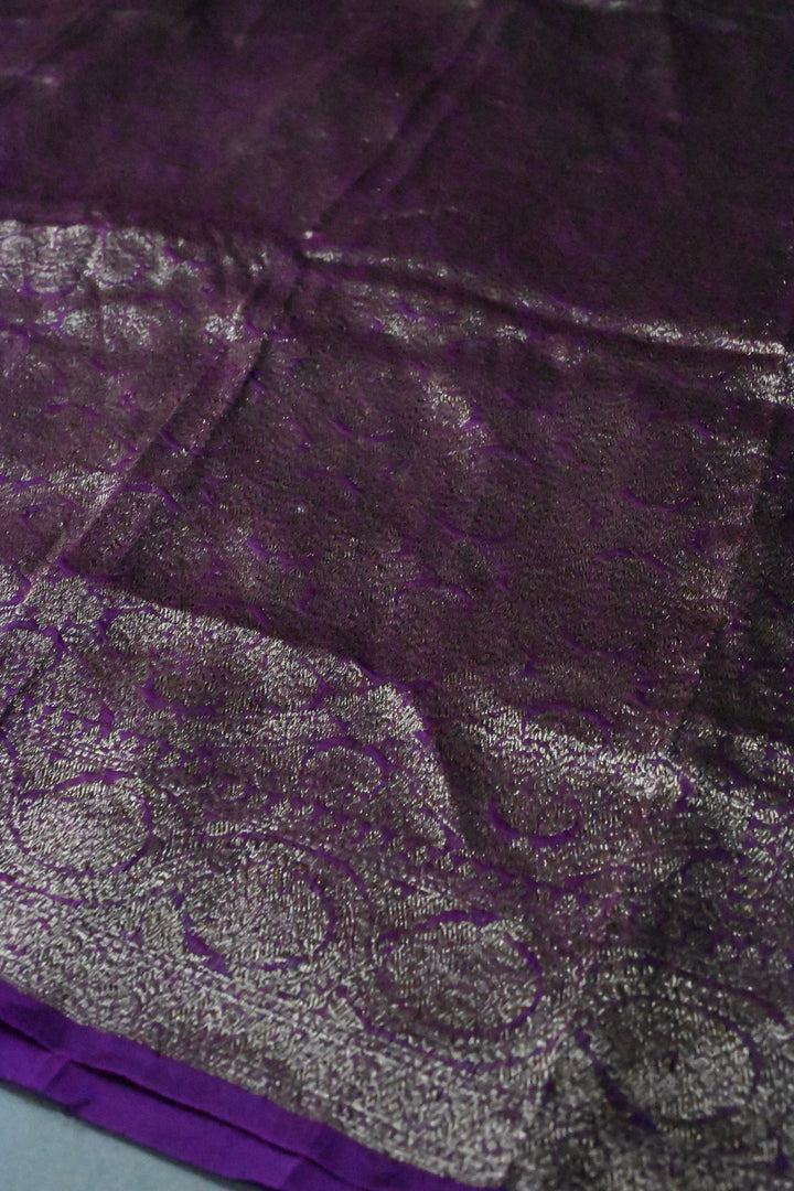 Purple Banarasi Kora Silk Saree with Anique Brocade Jaal and Zari Border | SILK MARK CERTIFIED | SHOBITAM