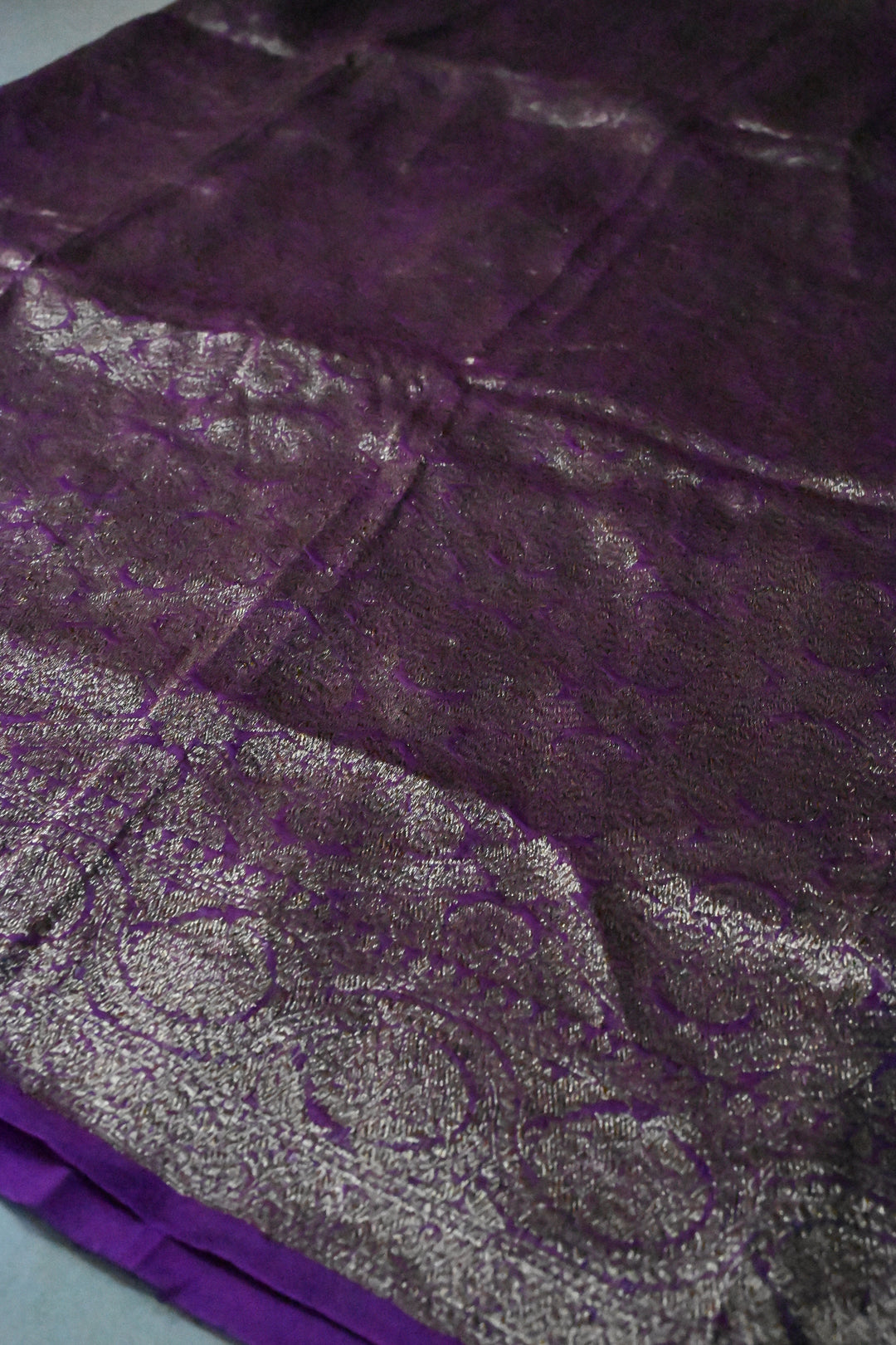 Purple Banarasi Kora Silk Saree with Anique Brocade Jaal and Zari Border | SILK MARK CERTIFIED | SHOBITAM