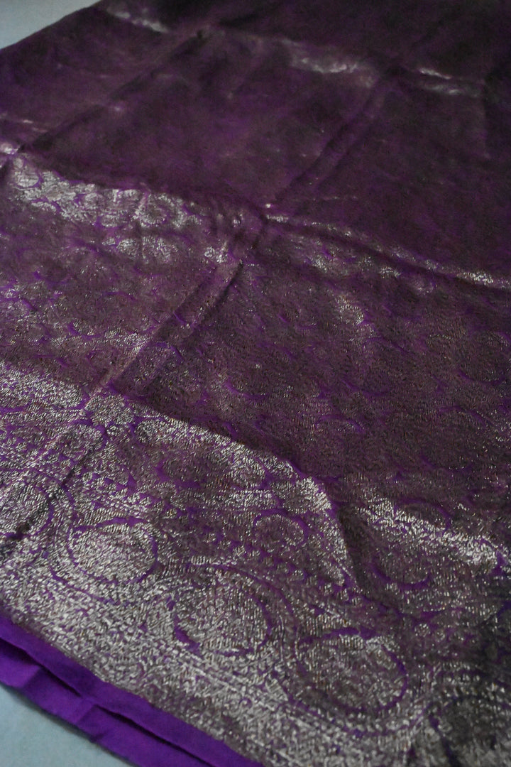 Purple Banarasi Kora Silk Saree with Anique Brocade Jaal and Zari Border | SILK MARK CERTIFIED | SHOBITAM