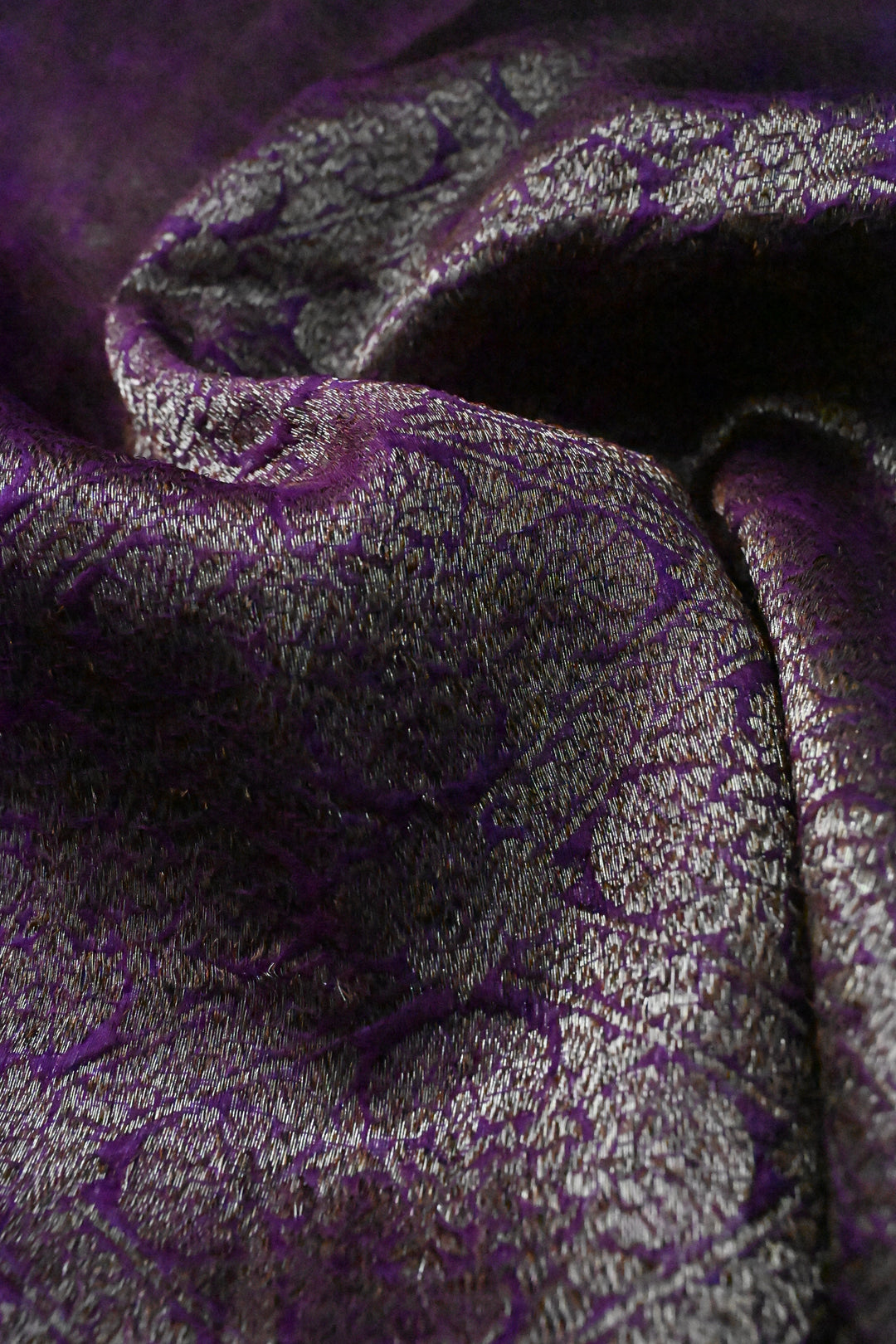 Purple Banarasi Kora Silk Saree with Anique Brocade Jaal and Zari Border | SILK MARK CERTIFIED | SHOBITAM